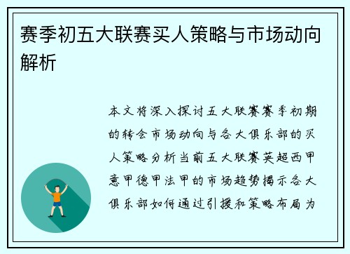 赛季初五大联赛买人策略与市场动向解析